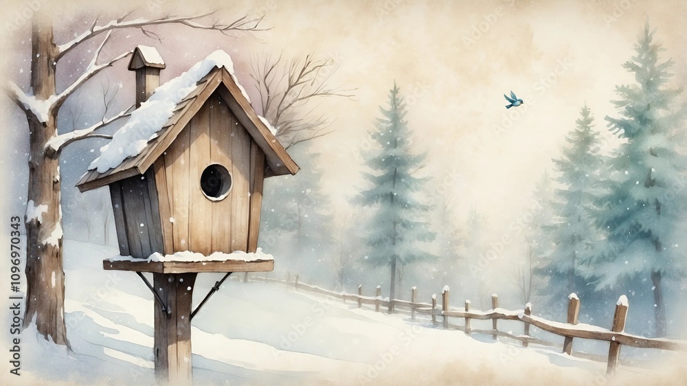 Watercolor image of birdhouse stands by a tree in the snow Watercolor image of birdhouse stands by a tree in the snow