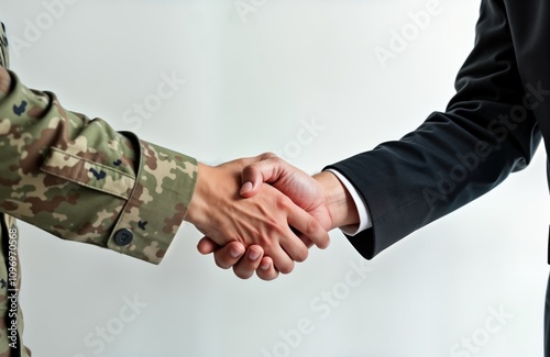 Soldier civilian shake hands agreement. Military man in uniform meets businessman. Teamwork cooperation deal. Partnership success. National defense. Job employment. Veteran support. Army service.