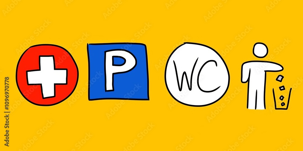 doodle icon. parking icon. medical help or hospital sign. throw trash here. direction icons for people and tourists. toilet. women's and men's toilet. doodle icon. parking icon. medical help or hospital sign. throw trash here. direction icons for people and tourists. toilet. women's and men's toilet.