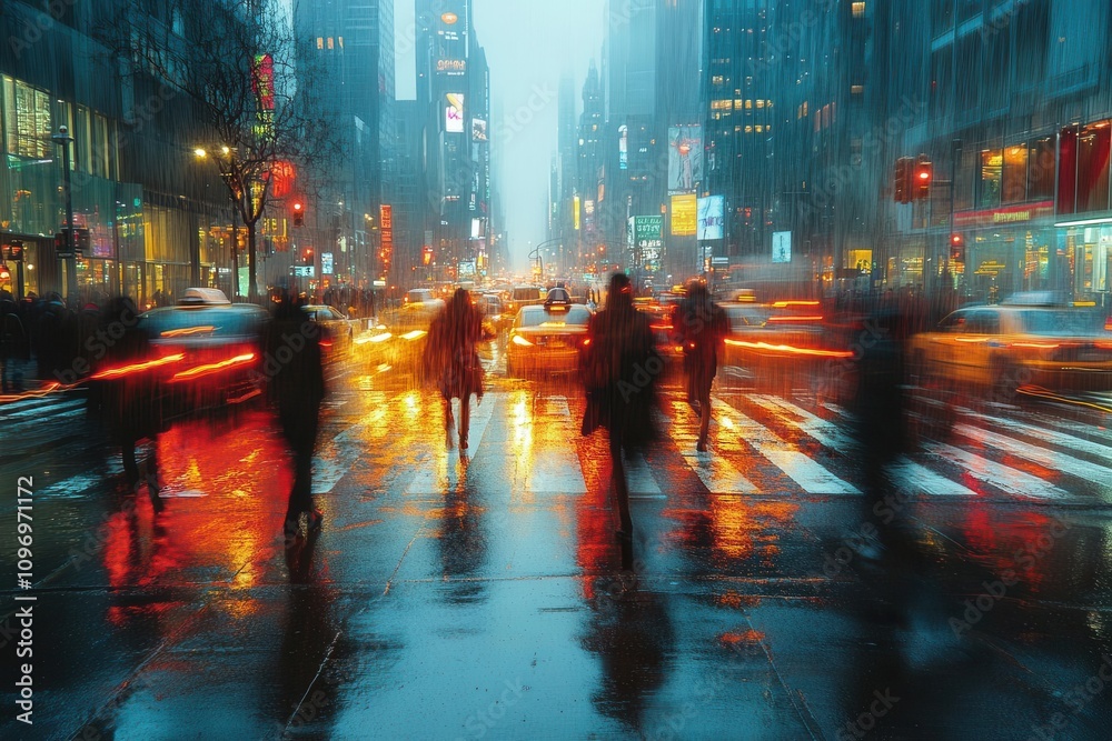 blurred city street scene capturing the energy of people crossing the street in a rush, illuminated by traffic lights, creating a dynamic and lively urban atmosphere filled with movement and life blurred city street scene capturing the energy of people crossing the street in a rush, illuminated by traffic lights, creating a dynamic and lively urban atmosphere filled with movement and life