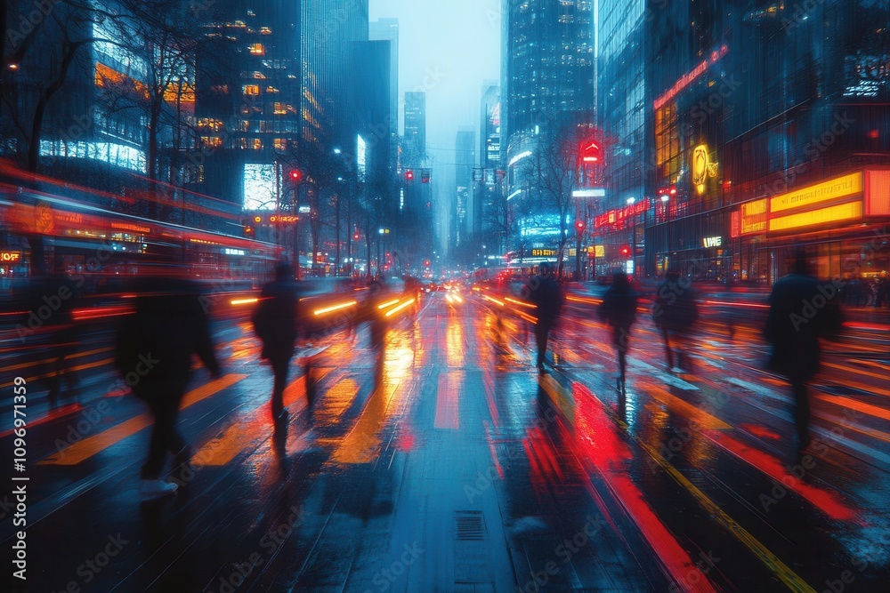 blurred city street scene capturing the energy of people crossing the street in a rush, illuminated by traffic lights, creating a dynamic and lively urban atmosphere filled with movement and life blurred city street scene capturing the energy of people crossing the street in a rush, illuminated by traffic lights, creating a dynamic and lively urban atmosphere filled with movement and life