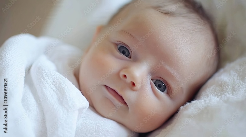 An infant looks at the camera with eyes wide open. Innocence and curiosity. Illustration for postcard, post card, interior design, etc. An infant looks at the camera with eyes wide open. Innocence and curiosity. Illustration for postcard, post card, interior design, etc.