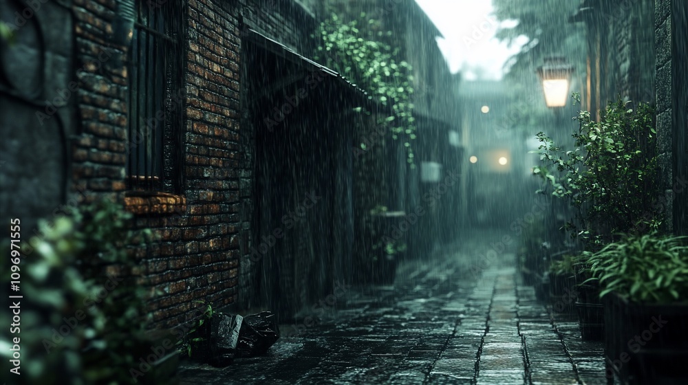 Rainy, atmospheric cobblestone alleyway with brick buildings and lush greenery. Rainy, atmospheric cobblestone alleyway with brick buildings and lush greenery.