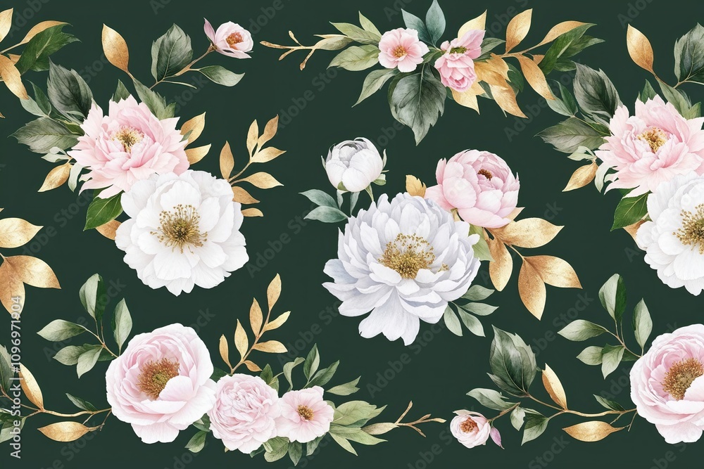 Fototapeta premium Watercolor Seamless Border Design with Green Gold Foliage White Flowers Peonies Roses and Branches for Wedding Invitations and Greeting Cards