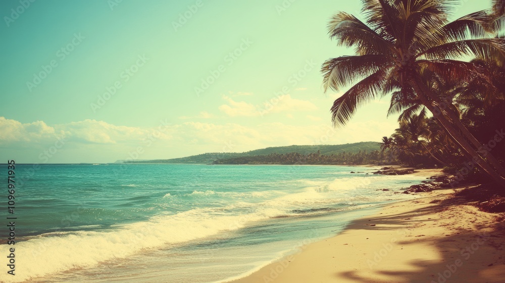Fototapeta premium Beautiful beach with palm trees and gentle waves in a tropical paradise under a clear blue sky