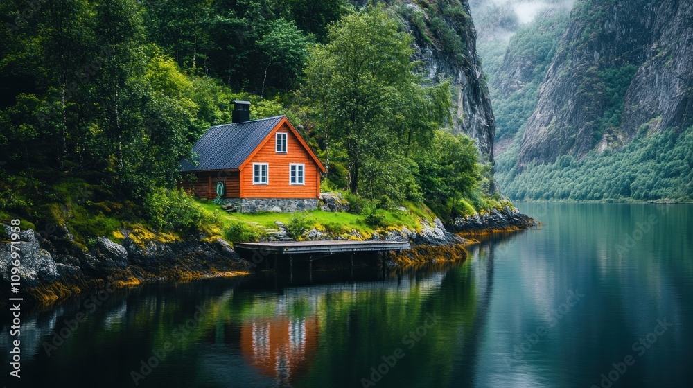 A serene orange cabin by a tranquil lake surrounded by lush greenery and mountains. A serene orange cabin by a tranquil lake surrounded by lush greenery and mountains.