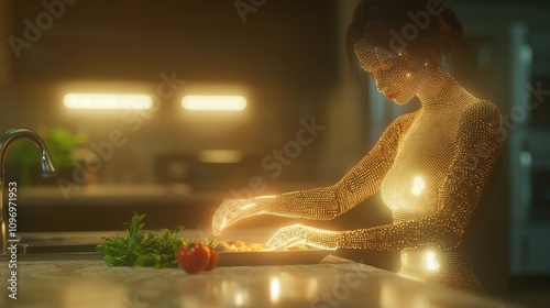 A Sophisticated Humandroid Preparing a Meal in a Modern Kitchen Environment photo