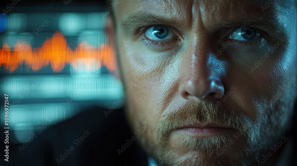 Intense Gaze: A Man's Determined Face Before a Data Screen Intense Gaze: A Man's Determined Face Before a Data Screen