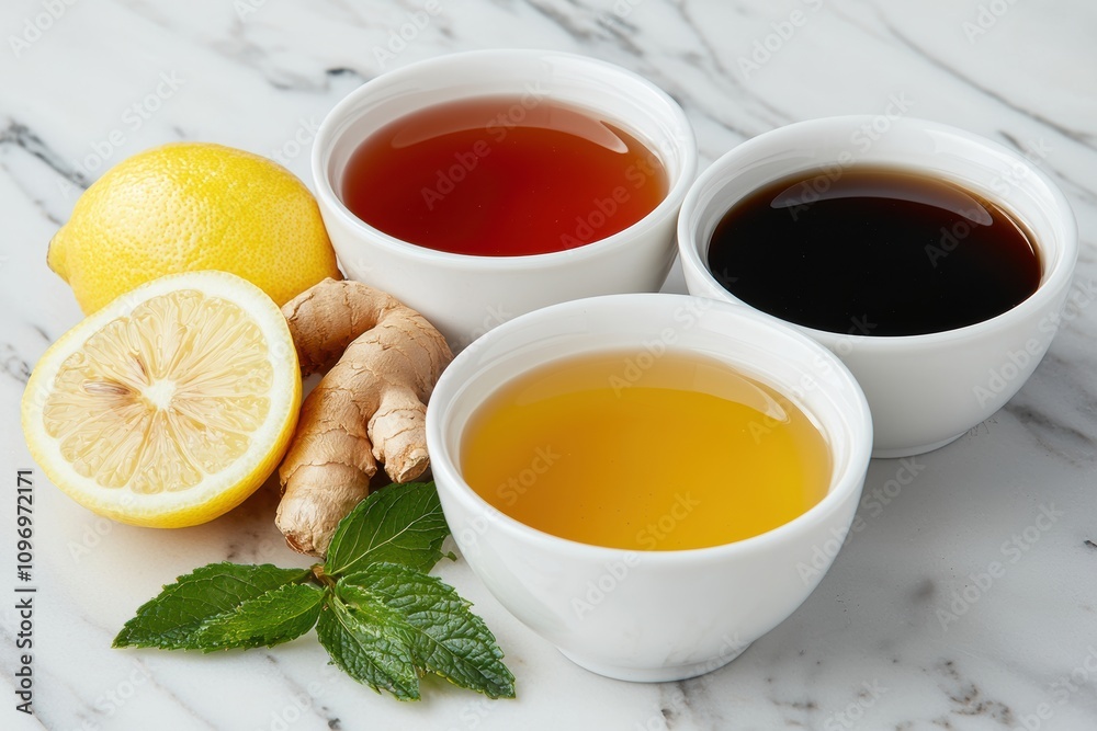 Herbal teas with honey, ginger, lemon and mint promoting wellness Herbal teas with honey, ginger, lemon and mint promoting wellness