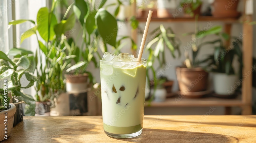 Refreshing Matcha Latte in Cozy Indoor Setting Refreshing Matcha Latte in Cozy Indoor Setting