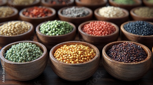 Colorful Grains in Wooden Bowls Displayed Beautifully