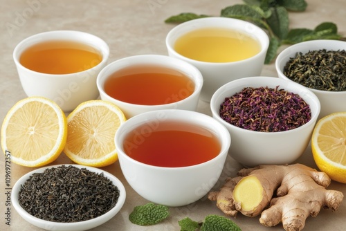 Herbal tea variety featuring lemon, ginger, and mint for wellness