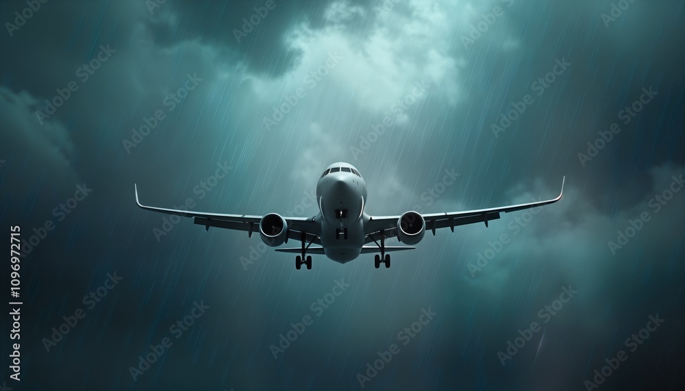 Airplane flies through stormy sky rain falls. Plane navigates heavy clouds. Dramatic flight scene. Air travel weather turbulence. Journey passenger aviation commercial flight. Airplane flies through stormy sky rain falls. Plane navigates heavy clouds. Dramatic flight scene. Air travel weather turbulence. Journey passenger aviation commercial flight.