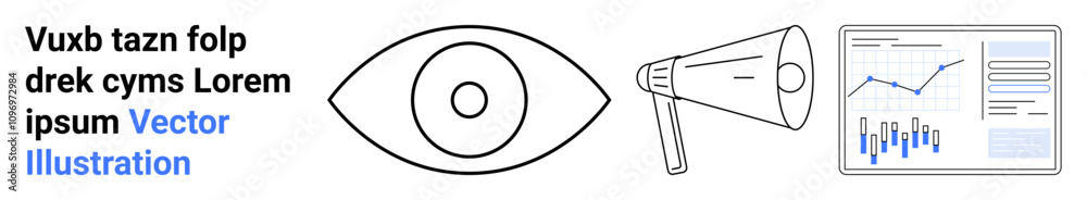 Eye symbol, megaphone, and data chart with text. Ideal for advertising, marketing, communication, analytics, visual content, presentations, and reporting Landing page Eye symbol, megaphone, and data chart with text. Ideal for advertising, marketing, communication, analytics, visual content, presentations, and reporting Landing page