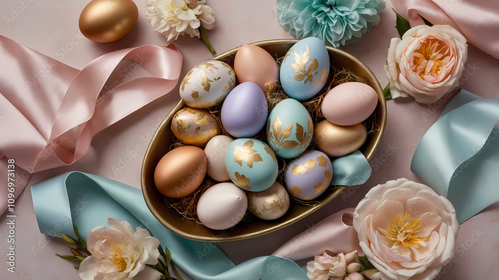 Elegant Easter basket filled with beautifully decorated eggs and floral accents on a soft pastel background Elegant Easter basket filled with beautifully decorated eggs and floral accents on a soft pastel background