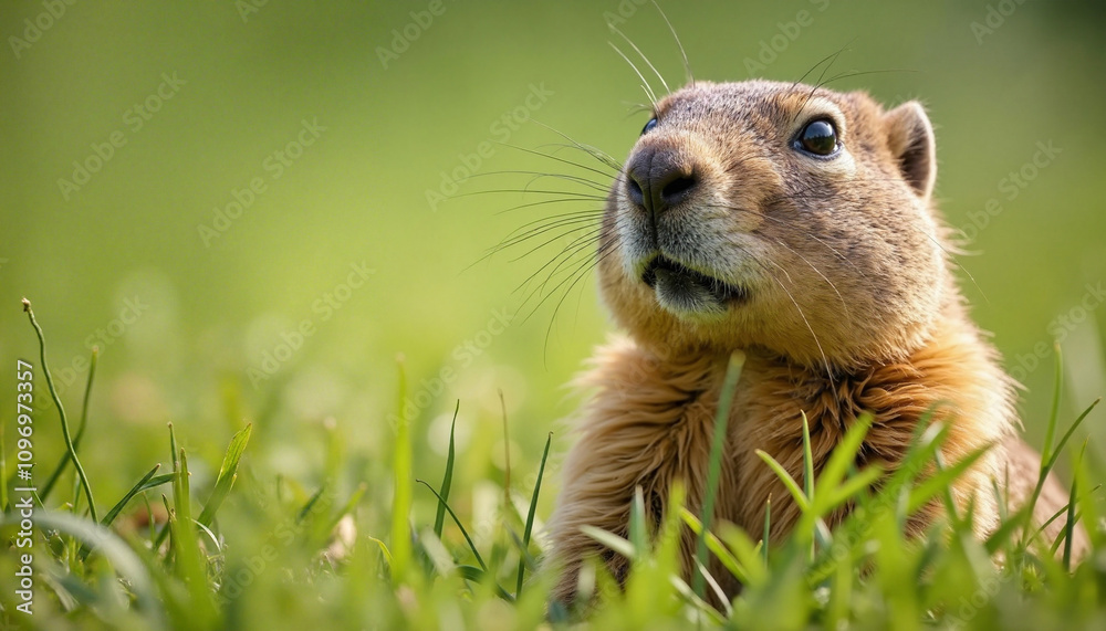 Curious Prairie Dog with Alert Expression Peeking from Grass against Blurred Green Background Curious Prairie Dog with Alert Expression Peeking from Grass against Blurred Green Background