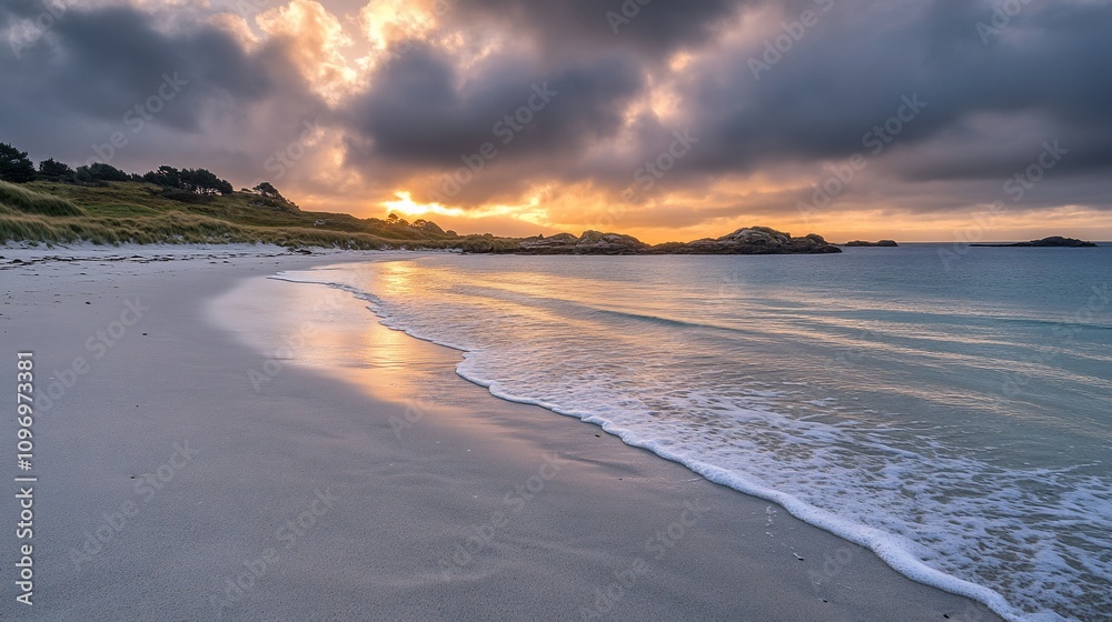 Dramatic sunset over sandy beach, ocean waves gently lapping shore. Dramatic sunset over sandy beach, ocean waves gently lapping shore.