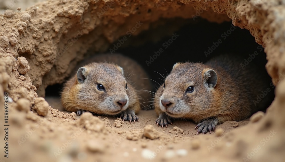 Naklejka premium Curious prairie dogs peeking from their burrow against earthy background