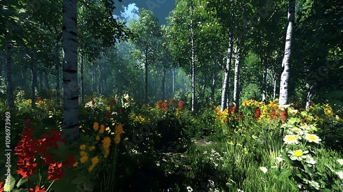 A digital simulation of a temperate forest ecosystem showing species interactions and responses to seasonal changes  photo