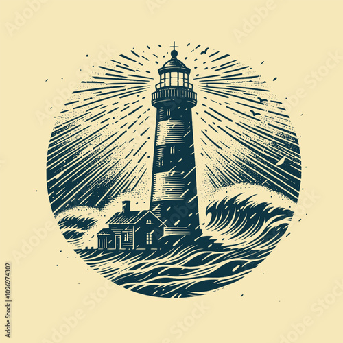 Lighthouse in a storm. Vintage vector engraving monochrome illustration, emblem, print.