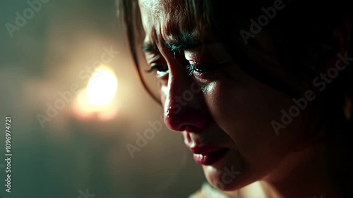 A woman is crying with her eyes open and her mouth open. The image is dark and blurry, with a fire in the background. The woman's face is red and puffy, and she is in a state of shock or distress