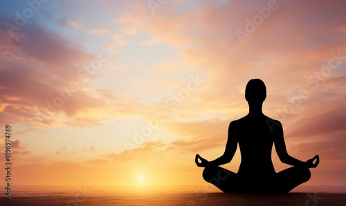 A serene silhouette of a person meditating against a vibrant sunset sky, symbolizing peace and mindfulness.