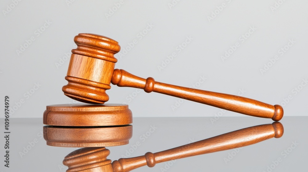 A wooden gavel rests on a reflective surface, symbolizing justice and authority in a courtroom setting. A wooden gavel rests on a reflective surface, symbolizing justice and authority in a courtroom setting.