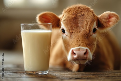 Glass of fresh milk with a cow in the background. Rural and wholesome dairy-themed design. Perfect banner with space for text. photo