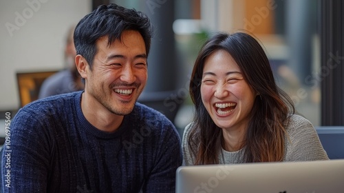 Employee worker laughing at loud, feeling happy