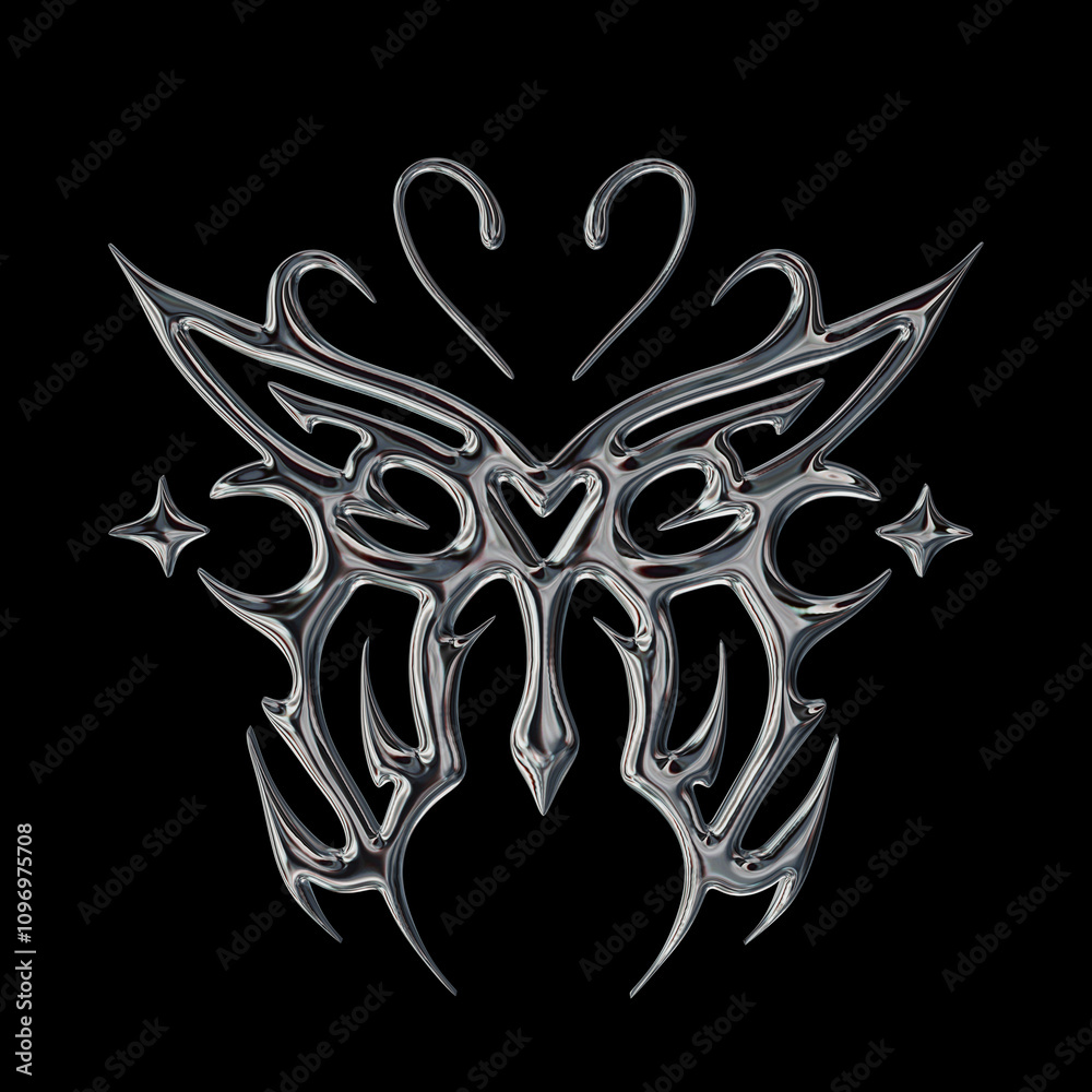 3d chrome metal of y2k butterfly icon. 3d rendering illustration of abstract neo tribal cyber sigil metallic melted modern burn form. 3D Illustration 3d chrome metal of y2k butterfly icon. 3d rendering illustration of abstract neo tribal cyber sigil metallic melted modern burn form. 3D Illustration