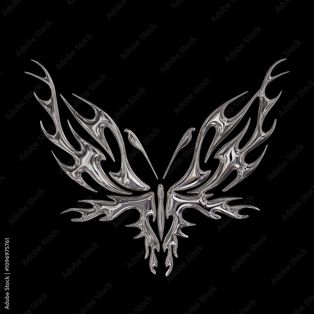 Fototapeta premium 3d chrome metal of y2k butterfly icon. Flame butterfly tattoo shape in liquid mercury. 3d rendering illustration of abstract neo tribal cyber sigil metallic