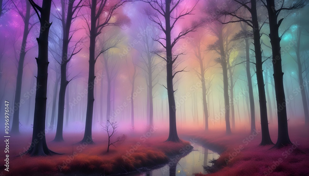 Obraz premium Un paisaje forestal con árboles altos y frondosos en tonos iridiscentes, acompañado de una atmósfera mística con niebla colorida y luces flotantes.