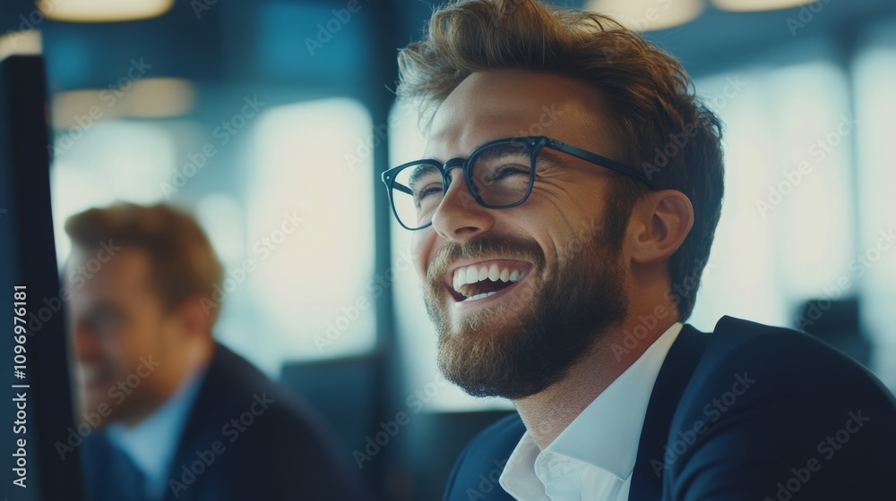 Employee worker laughing at loud, feeling happy Employee worker laughing at loud, feeling happy