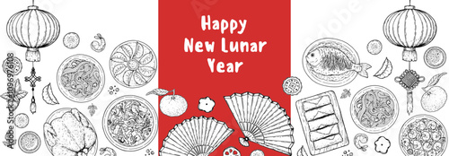 Foods of Chinese Lunar New Year frame. Hand drawn vector illustration. Chinese Food sketch. Holiday menu. Food design template.