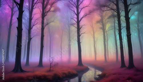 Un paisaje forestal con árboles altos y frondosos en tonos iridiscentes, acompañado de una atmósfera mística con niebla colorida y luces flotantes.