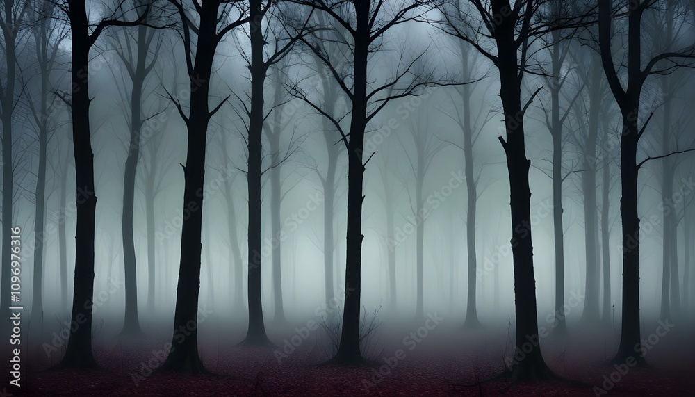 Obraz premium Un paisaje forestal con árboles altos y frondosos en tonos iridiscentes, acompañado de una atmósfera mística con niebla colorida y luces flotantes.