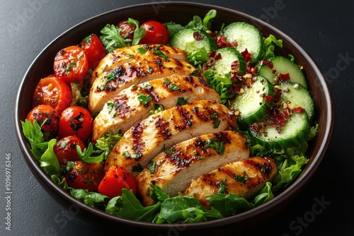 Roasted chicken with vegetables on a plate. A hearty and nutritious dish full of vibrant colors. Perfect for food presentations and menus. photo