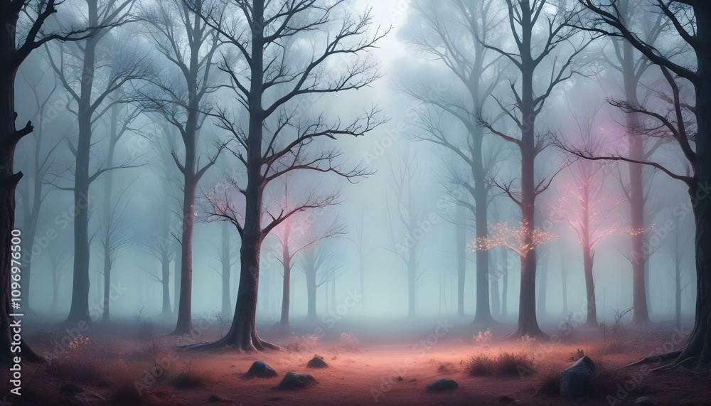Obraz premium Un paisaje forestal con árboles altos y frondosos en tonos iridiscentes, acompañado de una atmósfera mística con niebla colorida y luces flotantes.