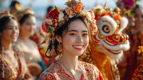 Multicultural wedding concept. A vibrant fusion wedding featuring a Chinese lion dance and Western elements, showcasing cultural celebration and joy. photo