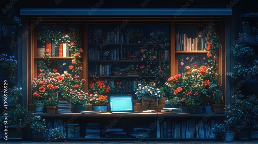 Night Bloom: A Serene Bookstore Window Display Night Bloom: A Serene Bookstore Window Display