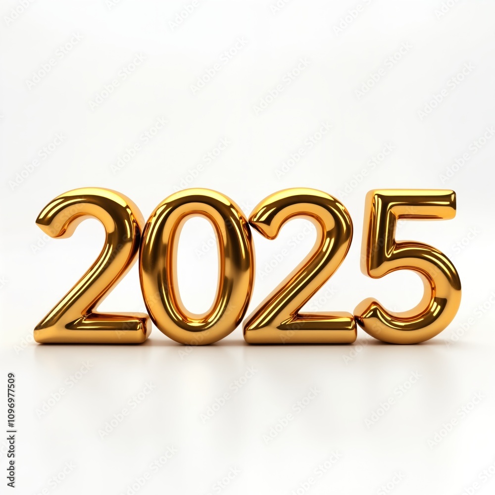 Shiny gold 2025 numerals on white backdrop. New Year celebration design. Festive holiday decoration. Perfect for cards invitations posters. Happy New Year concept. Shiny gold 2025 numerals on white backdrop. New Year celebration design. Festive holiday decoration. Perfect for cards invitations posters. Happy New Year concept.