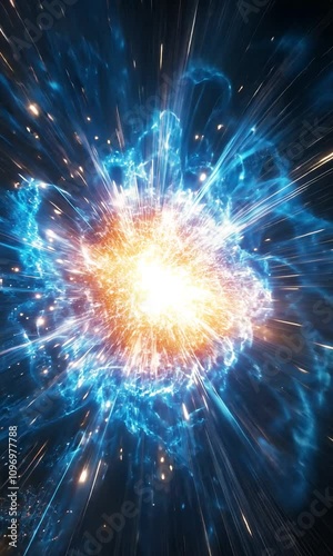 A bright blue and orange starburst with a white center