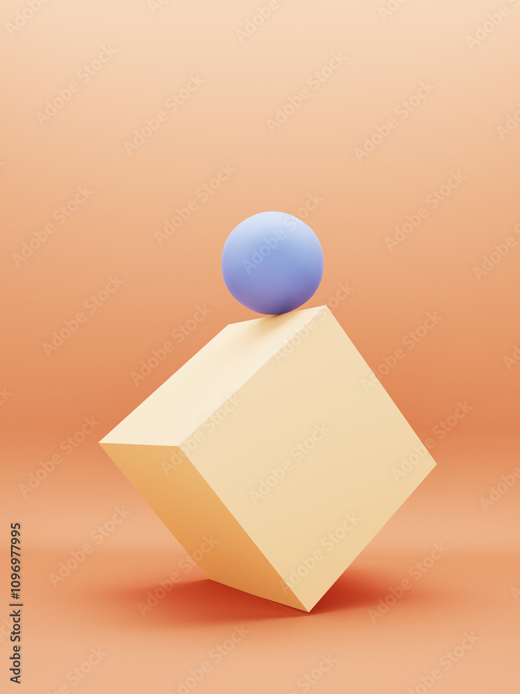 Sphere ball on a yellow cube geometric shape on peach background. Abstract 3D background illustration. Sphere ball on a yellow cube geometric shape on peach background. Abstract 3D background illustration.