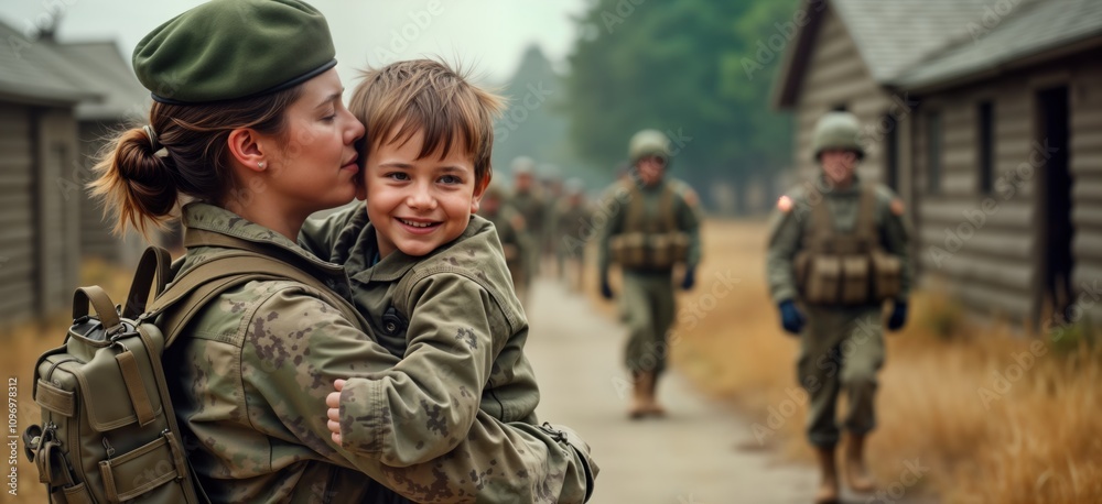 Fototapeta premium Army woman soldier hugs son. Military mom in uniform holds child. Family togetherness. Patriotism. US armed forces. Caucasian ethnicity. Childrens day. Happy veteran. American soldier.