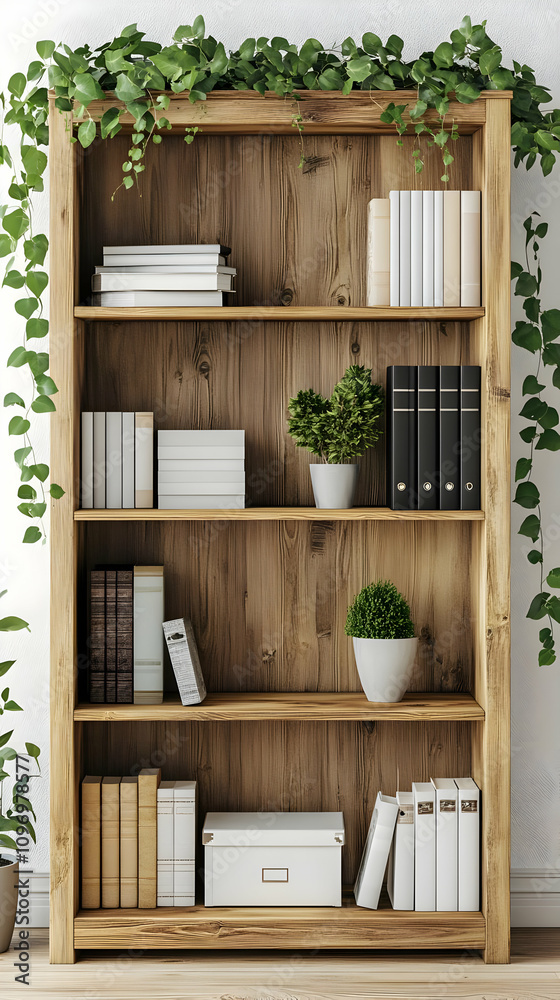Wooden Bookcase Illustration with Plants Wooden Bookcase Illustration with Plants