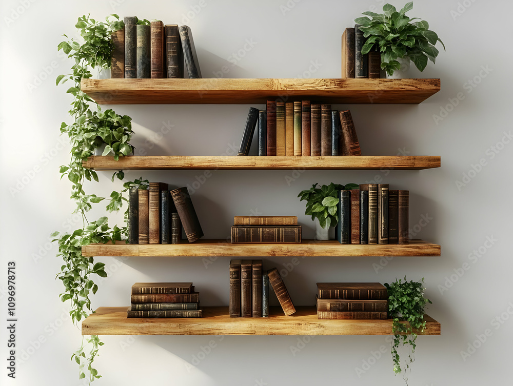 Wooden Shelves with Books and Plants 3D Illustration Wooden Shelves with Books and Plants 3D Illustration