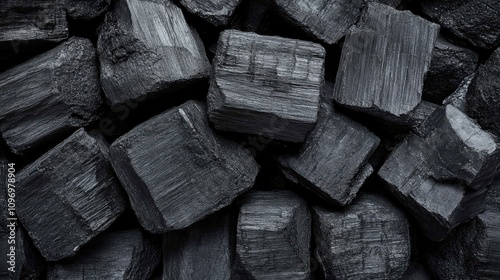 A close-up view of black charcoal pieces, showcasing their texture and shape.