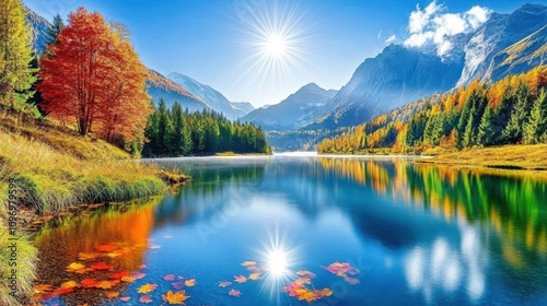 Vibrant autumn foliage reflected in a serene mountain lake under a bright sun.