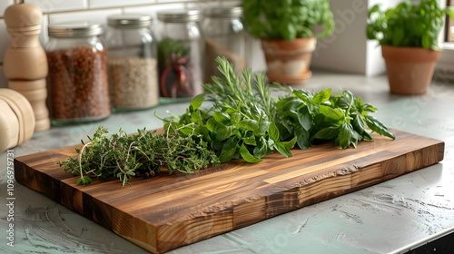 The photo showcases a handcrafted wooden cutting board with fresh herbs and spices on it, Photography, Farmhouse Style, rustic kitchen backdrop, vibrant and natural visuals, highlighting artisanal cra photo