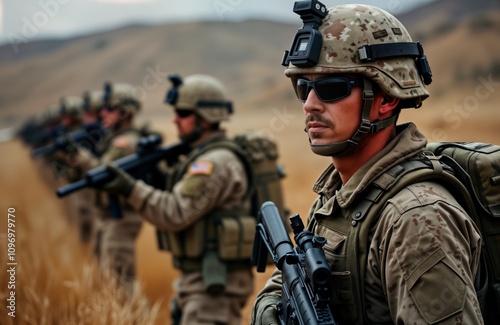 Army soldiers patrol desert. Military squad on mission. Armed forces group in field. Men in camouflage uniform carry rifle. Special forces tactical operation. photo